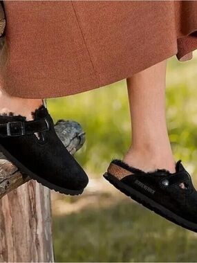 Birkenstock Black Suede Shearling Clog with Brown Accent